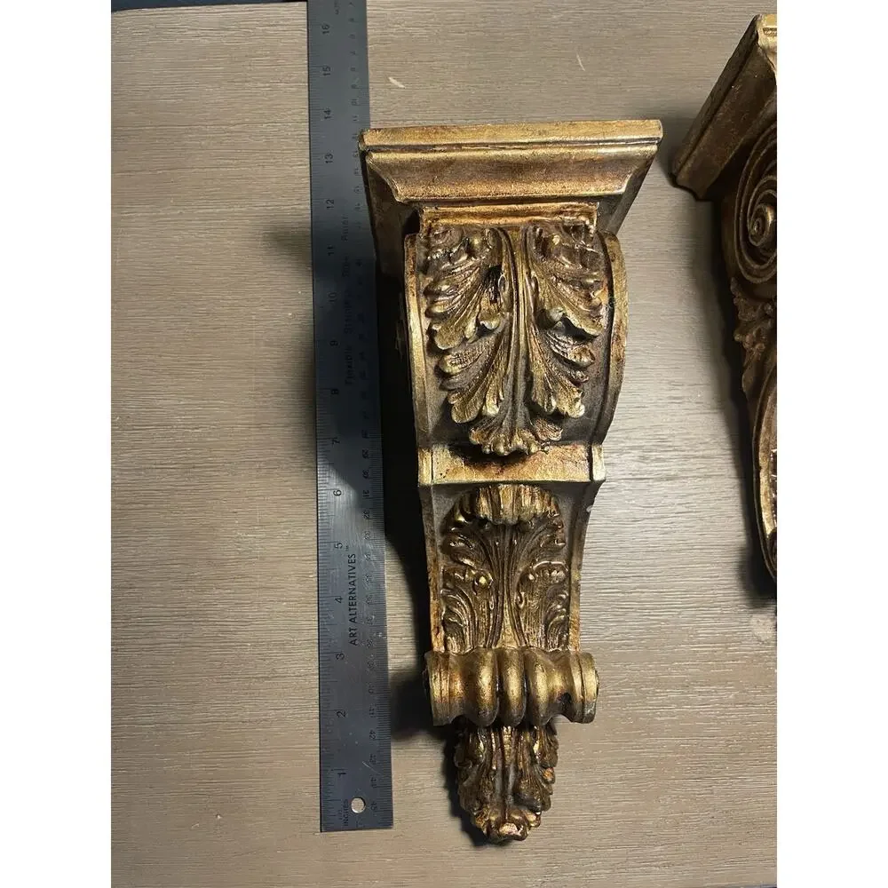 Vintage Pair Gold Gilt Acanthus Leaf Wall Corbels Ornate Shelf Brackets 14”